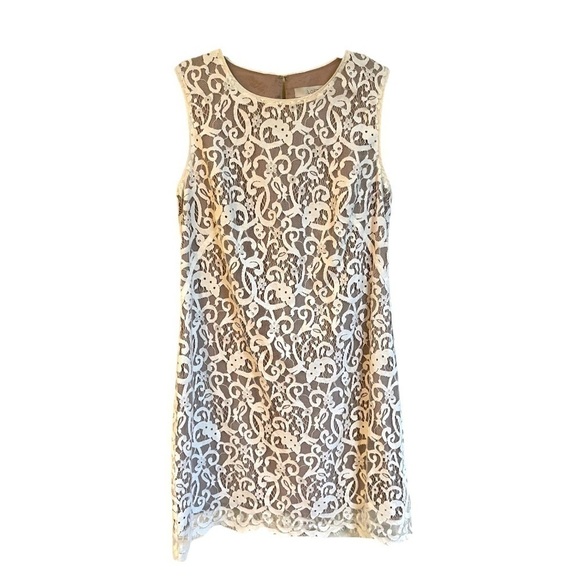LOFT, CREAM COLOR, LACE MINI DRESS. TAUPE COLOR UNDERLAY. SIZE 10 - Picture 3 of 9